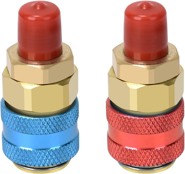 R134a Quick Coupler Adapters, Brass Freon Manifold Gauge Adapters and Hose Fittings Valve Core HP and LP Connectors for R134a Car AC System, 1/4" SAE Flares, 2pcs